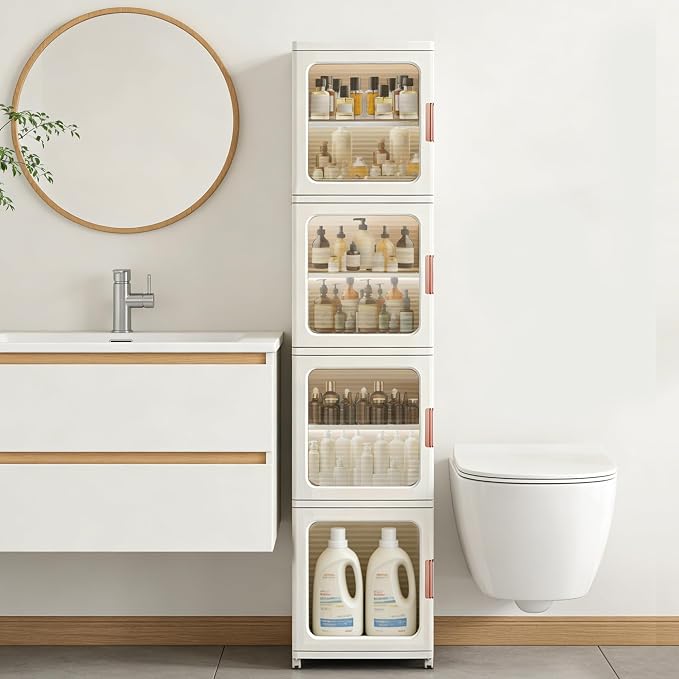 Tall Narrow Storage Cabinet, Plastic Organizer with Wheels, 4-Tier/White | Foldable Slim Cabinet for Bathroom, Kitchen, Laundry and Small Spaces, Adjustable Shelves & Magnetic Doors, Movable Wheels by Lacusmall