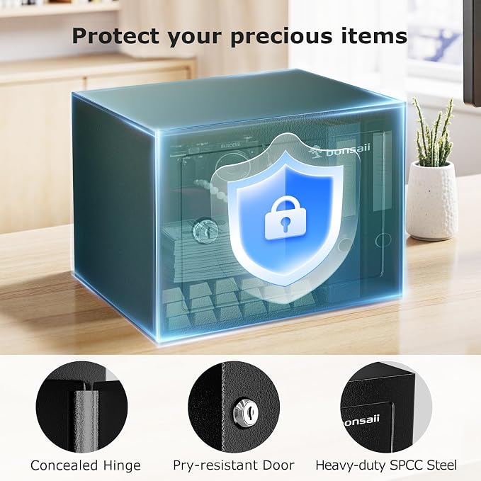Bonsaii Safe Box with Key Lock, Steel Security Lock Box, 0.23 Cubic Feet, 9.06" W x 6.69" D x 6.69" H, Small Hidden Safe for Cash Jewelry | SPCC steel, 9.06x6.69x6.69 in, pry-resistant door & hidden hinges, pre-drilled for shelf/drawer/closet, includes... - Image 2
