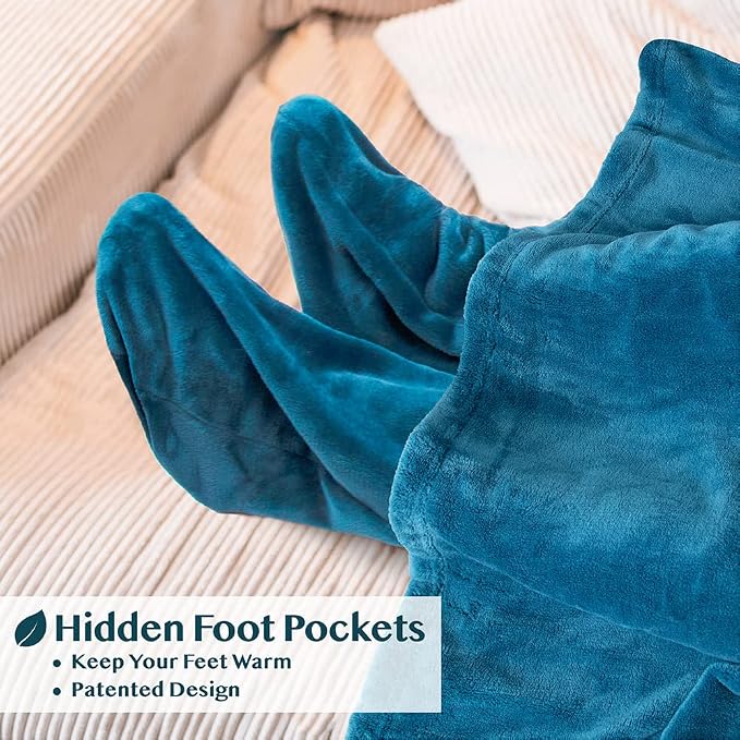 PAVILIA Fleece Blanket with Sleeves, Foot Pockets for Women Men Adults, Plush Wearable Blanket Throw Wrap, Warm Snuggle Blanket Robe, Cozy Gift Ideas Wife Mom Teal Blue - Image 2