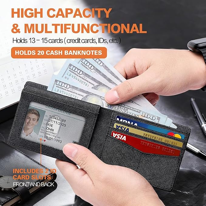 Wallet for Men Slim RFID Blocking Bifold Carbon Fiber,Minimalist Small Compact Front Pocket Credit Card Holder,Thin Mens Leather Wallets Smart Security With 2 ID windows 1 Cash (Cross Black) - Image 3