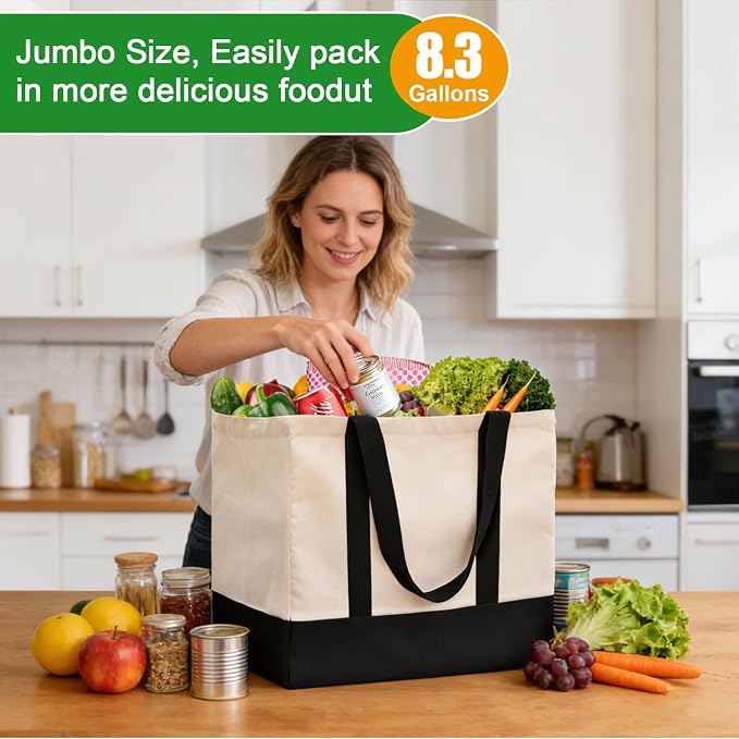 Large Canvas Tote Bag for Women, Shopping Bags for Groceries with Pockets | 14.6 x 10.2 x 13 in Holds 60 lbs Washable Eco-friendly Tote Bags for Shopping/Picnics/Beach/Laundry, Off White+Black 3 Pack - Image 3