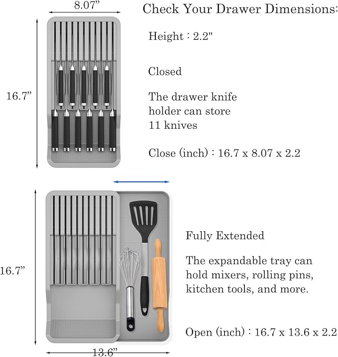 Expandable Drawer Knife Insert Organizer - Plastic Knife Storage Tray for Kitchen Drawers, Adjustable to Fit 11 Knives & Utensils, BPA-Free, Ventilated, Space-Saving, Easy to Clean - Image 2