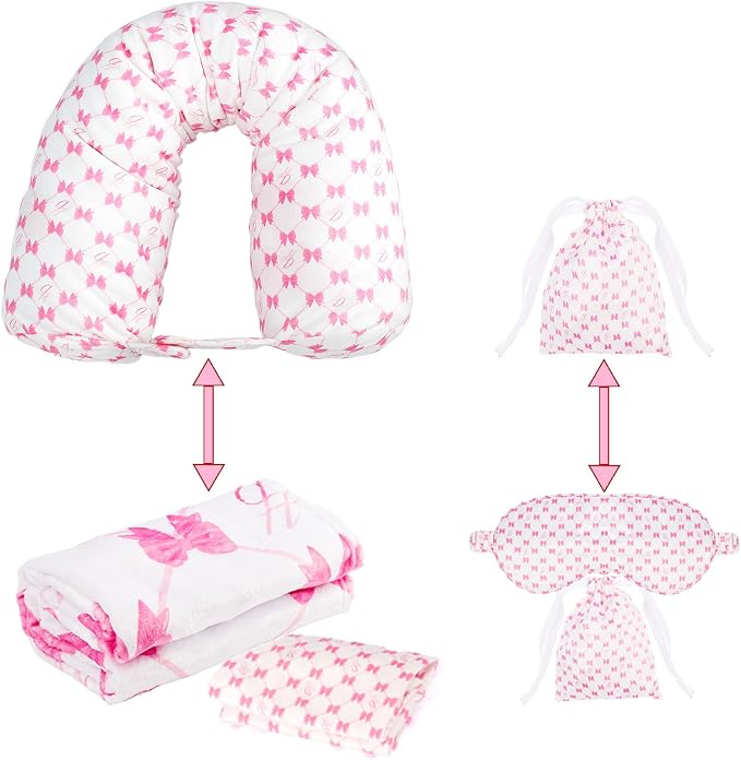 Travel Pillow with Detachable Flannel Blanket & Eye Mask – Plush Velvet Neck Support Pillow for Airplane,Car,Office Rest,Coordinated Digital Print Set (Pink Bow, 50in * 60 in) by HarmengDen
