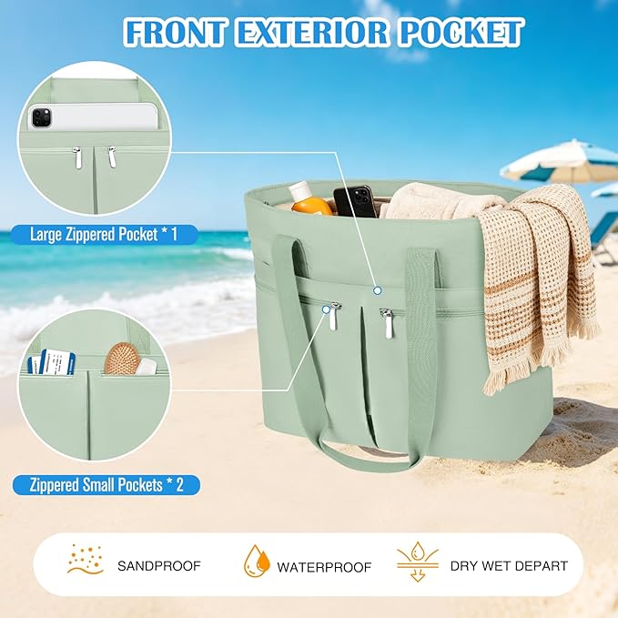 HUANLANG Large Beach Bags for Women Pool Bag with Zipper, Waterproof Sandproof Beach Tote Travel Bag with Wet Pocket - Image 4