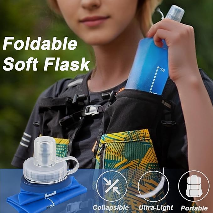 2 Pack Collapsible Water Bottle 500ml – BPA-Free Foldable Soft Flask for Running, Hiking, Cycling, Jogging, Trail Running, Marathon, Travel, Outdoor – Reusable Hydration Bottle for Backpack (500 ml) - Image 2