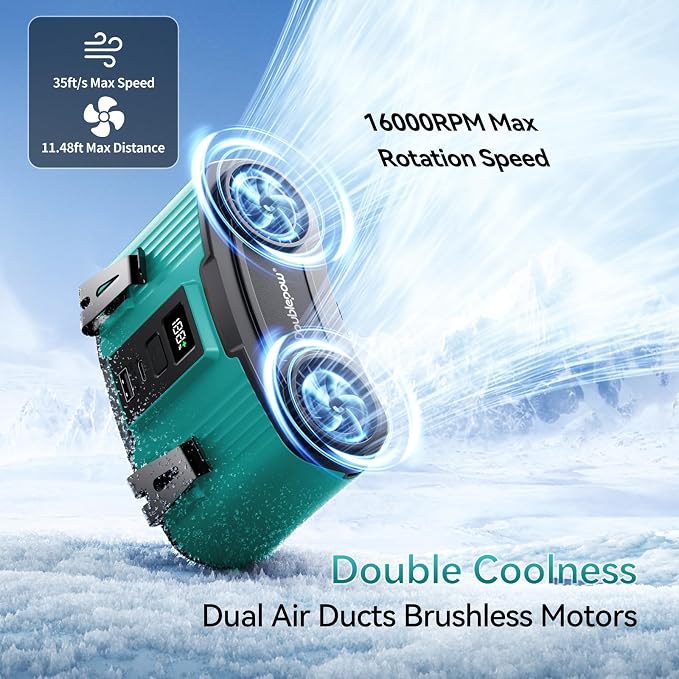 Doublepow 12000mAh Portable Waist Fan, Personal Waist Fan, Dual Air Ducts Motors, USB Rechargeable Clip On Belt for Working, 10 Speeds & 23H Wearable Neck Cooling, for Outdoor, Work, Travel (Blue) - Image 3