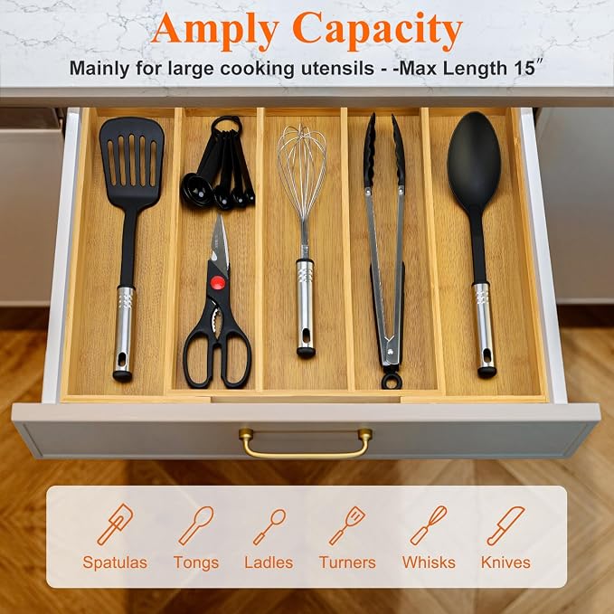 Expandable Bamboo Silverware Drawer Organizer Large Kitchen Utensils Tray | Wide Cooking Utensils Drawer Big Spoon Divider Adjustable Tongs Spatula Organizer Knife Cutlery Tray Wood Flatware Holder - Image 3