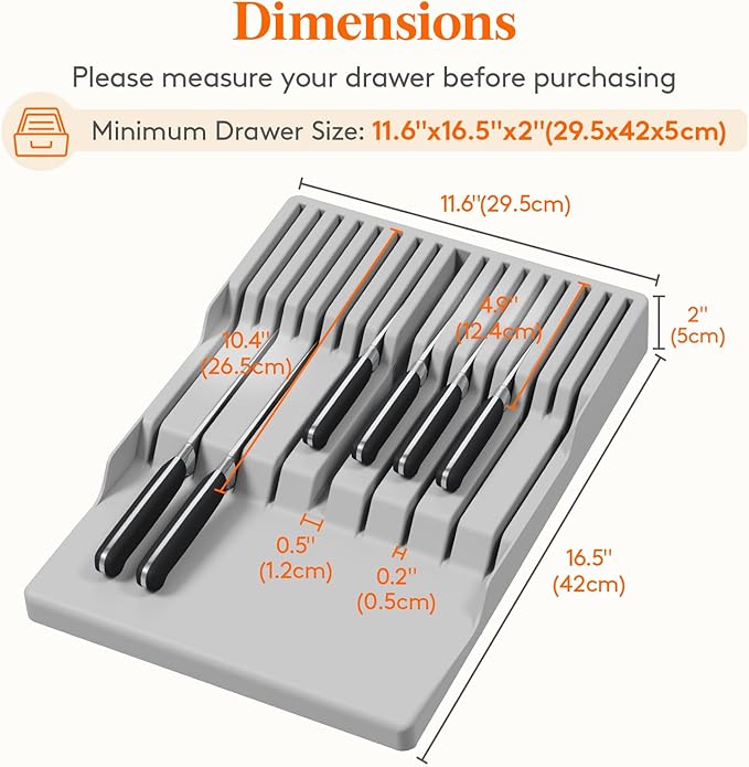 Lifewit Magnetic Drawer Knife Organizers Insert Pastic for 16 Knives, Gray | Kitchen Plastic In Drawer Knife Block Slots, Steak Chefs Knives Holder Storage for 16 Knives and 1 Sharpening Steel 16.5" - Image 2