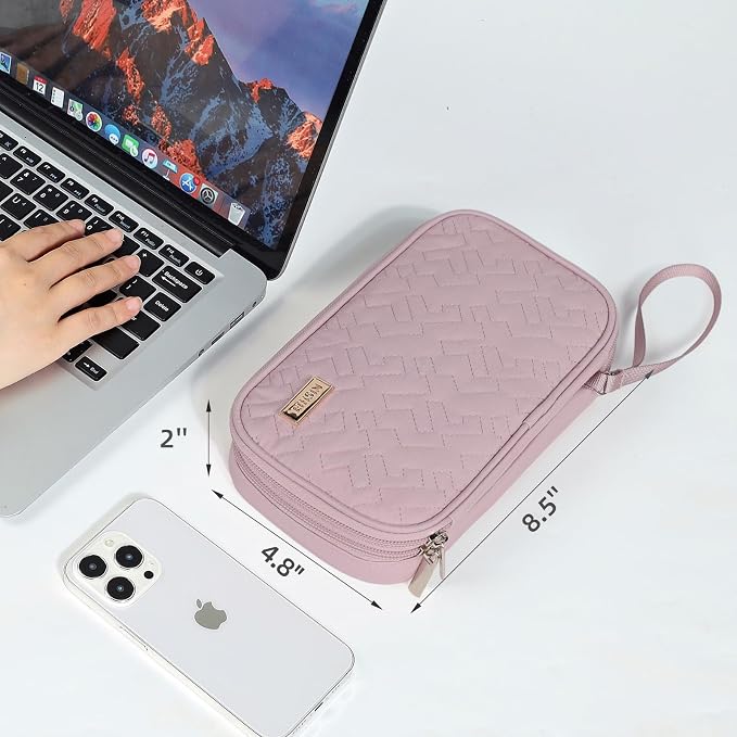 NISHEL Electronics Travel Organizer Cord Case, Charger Cable Tech Bag | Double-layer bag keeps chargers, cables, flash drive, and small tech essentials organized for trip, Medium, Peach Pink - Image 6