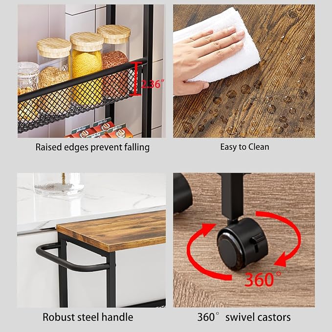 Slim Rolling Cart 4 Tier Narrow Storage Cart on Wheels with Handle | Lockable Wheels, Wood Top Panel, Metal Frame Utility Carts for Kitchen, Dining, Living, Home Office, Laundry Room - Image 6