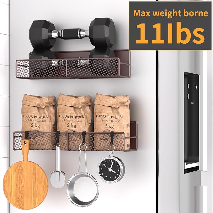 Magnetic Spice Rack for Refrigerator, 2 Pack 100% Metal Strong Magnet Shelf, Space Saving Spice Organizer W/ Hooks, Movable Magnetic Fridge Shelf, Kitchen Home Laundry Room Storage Organization, Brown - Image 4