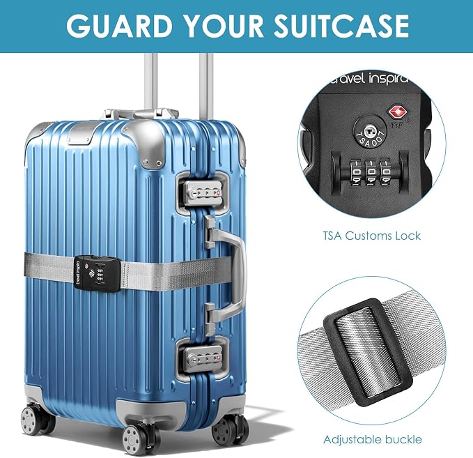 Travel Inspira Anti-Theft Suitcase Belt with TSA Lock | Heavy-Duty Nylon; Gray Strap; TSA-Approved Lock with Tag; Adjustable 103-200cm; Secure Gray Strap; 20-28 Inch Bags - Image 2