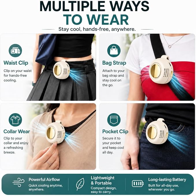 Portable Silent Mini Bladeless Clip On Fan, Small Clip on Fan for Shirt & Waist, Adjustable 3-Speed Suspended Whirlwind Fans, For Outdoor & Travel & Office, Travel Accessories (1, white) - Image 5