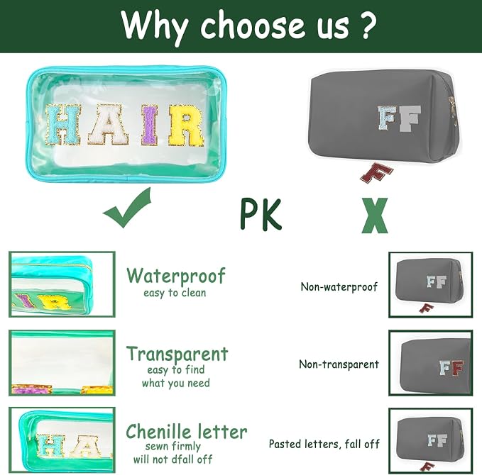 Bunliuys Chenille Letter Clear Makeup Bag Travel Patch, Travel Toiletry Makeup Bag with Handle, Nylon Waterproof Makeup Bags clear cosmetic bag, preppy patch makeup bag for Women (TRAVEL-Dark Green) - Image 4
