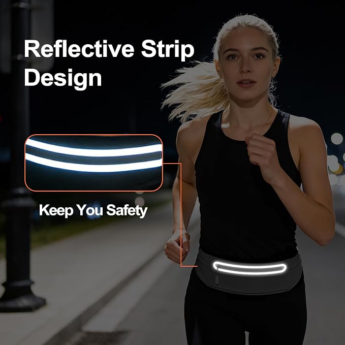 Slim Running Belt for Women Men,Phone Holder Waist Pack,Runners Fanny Pack | No-Bounce,Sweat-Proof Pocket,Travel Money Pouch for Gym/Hiking/Cycling,Three pocket,Two Highly Reflective Strips - Image 6