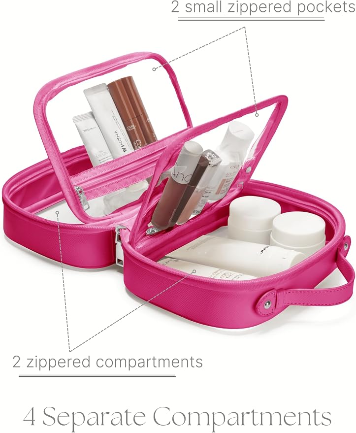 Clear Cosmetic Bag Double Layer Travel Toiletry Bag Clear Makeup Bag Case with 4 Compartments, Transparent Travel Bag for Toiletries, Large Toiletry Bag for Women Cosmetic Case (Hot Pink, Large) - Image 3