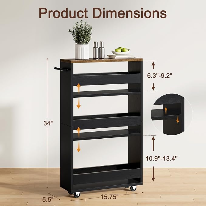 Yoobure 4-Tier Slim Storage Cart - Narrow Rolling Cart on Wheels, Slide Out Utility Carts with Adjustable Shelves, Organizer Trolley with Handle & Flip Top for Kitchen, Bathroom, Laundry - Image 2