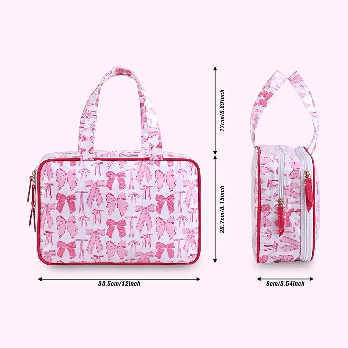 Toiletry Bag for Women, Pink Bow | Clear Coated,Waterproof,Multiple Compartment,Open Flat,Handle,Travel Organizer for Shampoo,Conditioner,Cosmetic Accessories - Image 4
