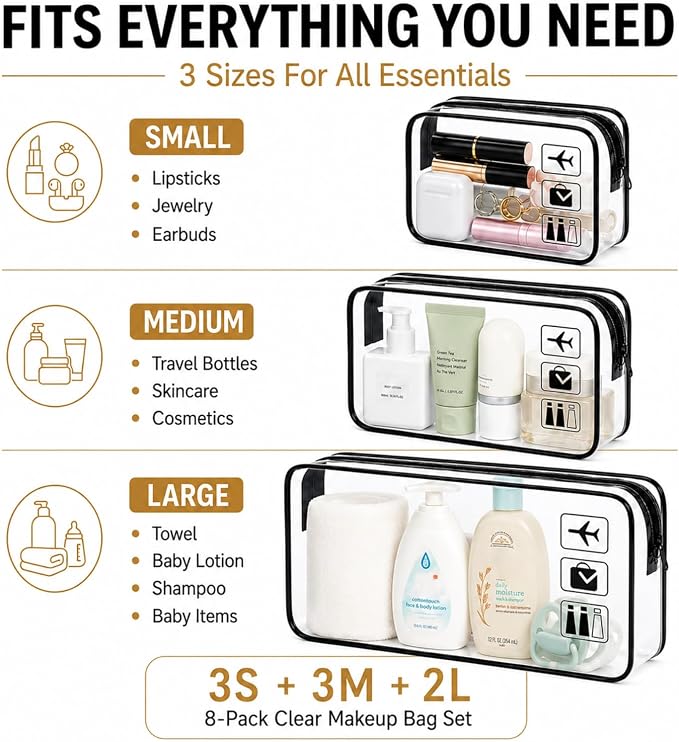 8 Pack Clear Toiletry Bag Clear Makeup Bag Zipper Toiletry Pouch | Includes 3S 3M 2L PVC Cosmetic Pouches with Zipper for TSA Toiletry Bag Set Travel Packing and Daily Organization - Image 2