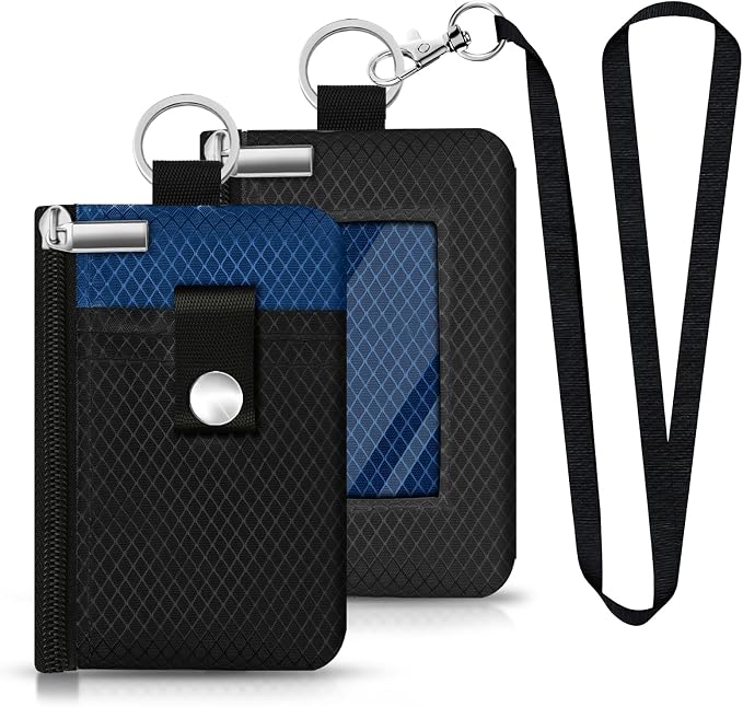 Minimalist RFID Blocking Small Wallet with ID Window,WaterResistant Zip Id Case Wallet with Lanyard Keychain for Cards,Cash,Travel,Women,Men (Black/Electric Blue) - Image 3
