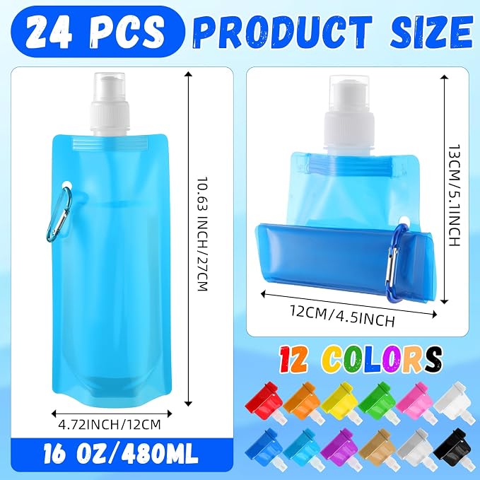 Teenyyou 24 Pack Collapsible Water Bottles Bulk 16oz Foldable Water Bottles with Carabiner Reusable Drinking Leak Proof Container Bags for Sport Biking Hiking Camping Travel Outdoor (12 Colors) - Image 2