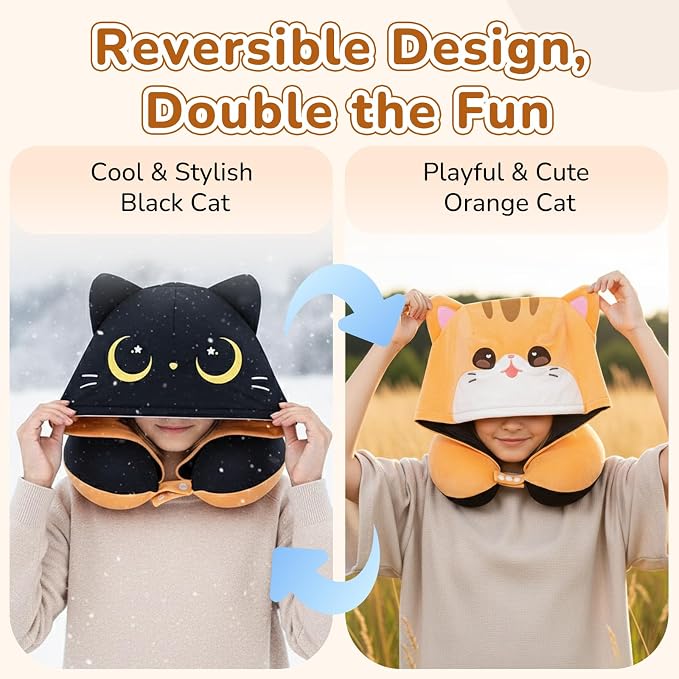 Mewaii Kids Travel Neck Pillow, Airplane Pillow with Hood, Orange | Memory Foam, Neck Support, Reversible, Adjustable Strap, Washable Cover, Cat Ear Hood, for Flights, Cars, Kids & Teens - Image 6