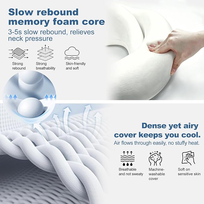 G-Shape Memory Foam Travel Pillow Super Comfort Neck Pillow Airplane 360°Support | Complete Sleep Kit: Eye Mask, Ear Plugs & Carry Bag | Lightweight Airplane Pillow for Home, Car & Travel(Gray) - Image 7
