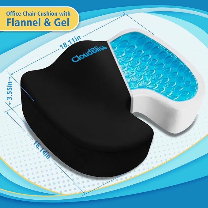 CloudBliss Gel Memory Foam Seat Cushion for Long Sitting, X-Large, Black | Gel Chair Pad for Tailbone, Coccyx, Sciatica , Soft Suede Cover, Non-Slip , Washable Mesh, for office, home, car - Image 2