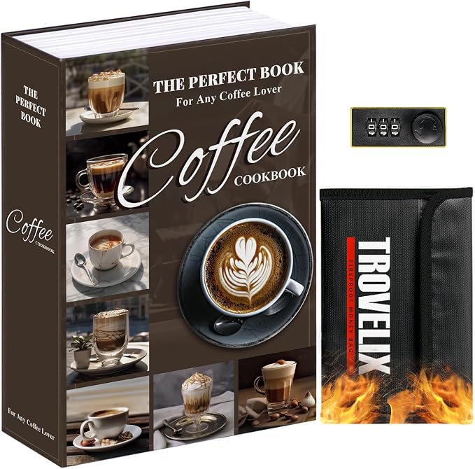 Book Safe with Combination Lock, Hidden Safe (9.5 x 6.2 x 2.2 Inch) with Fireproof Bag, Secret Diversion Safe, Hollow Book Box Hidden Storage, Money Safe Box for Cash(X-Large COFFEE) by KOFAIR