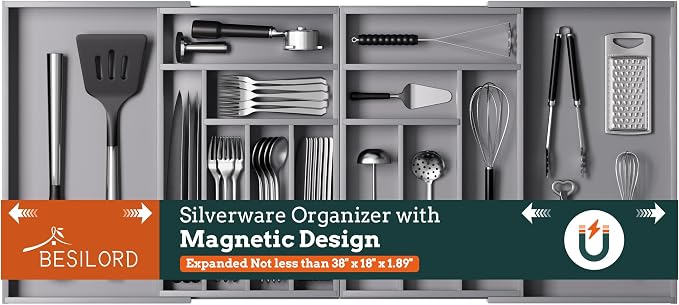 Magnetic Expandable Silverware Drawer Organizer, 13 Slots Utensil Gray | Magnetic Connected, Expandable 21-37.4 Inch, 13 Divided Slots, Gray Cutlery Utensil Organize Kitchen by Besilord