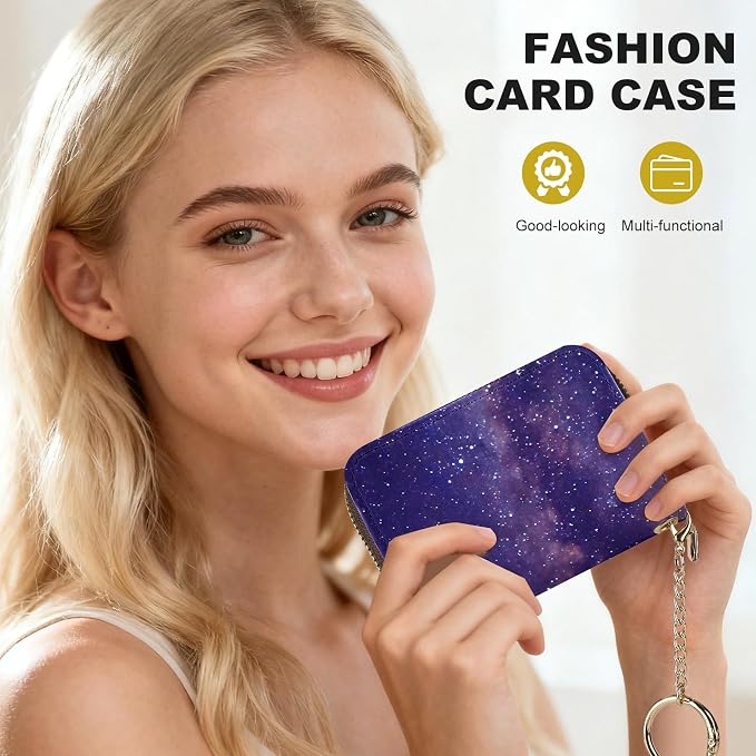 Credit Card Holder for Women,Small Rfid Wallet with Keychain Zipper,Cute PU Leather Card Case Wallet，Accordion Credit Card Wallets Gift,Purple Starry Sky - Image 6