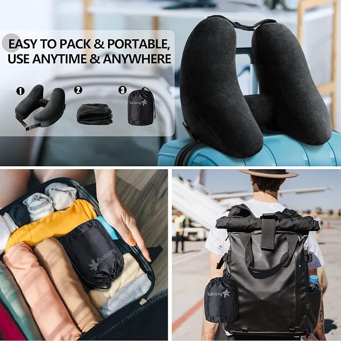 Sunany Neck Pillow for Travel Inflatable Airplane Pillow Comfortably Supports Head,Neck and Chin,Inflatable Travel Pillow with Soft Velour Cover,Portable Drawstring Bag (Black with Hat) - Image 5