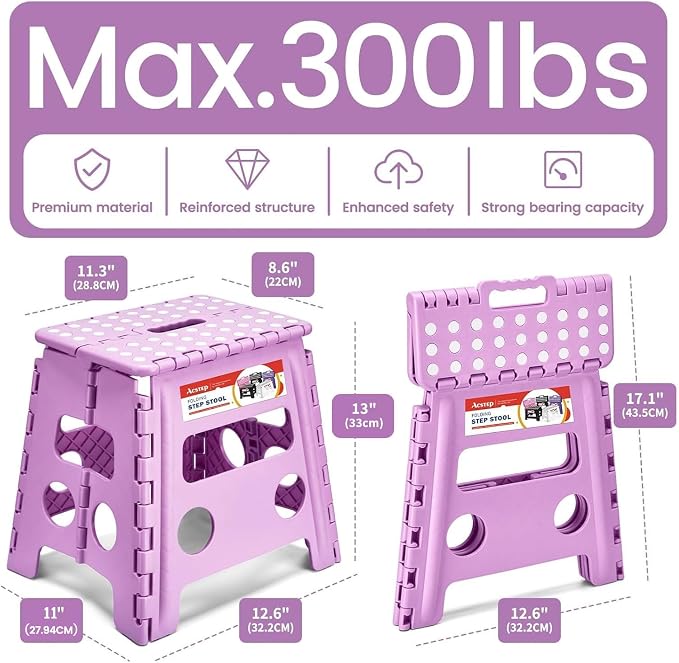 Foldable Step Stool for Adults 13 Inch, 300 lbs, Light Purple | Lightweight Stepping Stool with Handle and Non-Slip Surface, for Reaching Kitchen Cabinets, Bathroom Shelves and Closets - Image 3