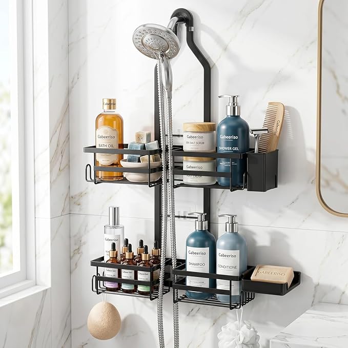 Shower Caddy Hanging Overhead, Adjustable Organizer, Black | Rustproof Bathroom Shelf Fits Handheld & Fixed Shower Heads, 12 Hooks, Soap & Toothbrush Holder, No-Drill Installation by Unknown