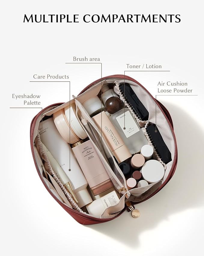 EACHY Travel Makeup Bag for Women, Flat Open Cosmetic Bag, Red, Medium | PU leather organizer with flat-open access, storage pockets and clear TPU brush compartment for daily makeup and toiletries - Image 2