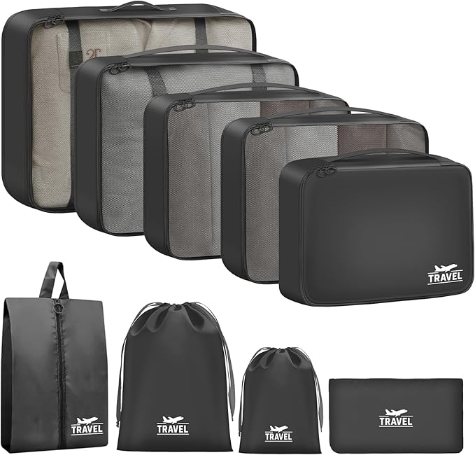 9 Set Packing Cubes for Travel Essentials - Lightweight Carry-On Luggage Organizer Bags with Shoe, Clothes & Laundry Bags for Airplane, Family & Business Travel, Black by Unknown