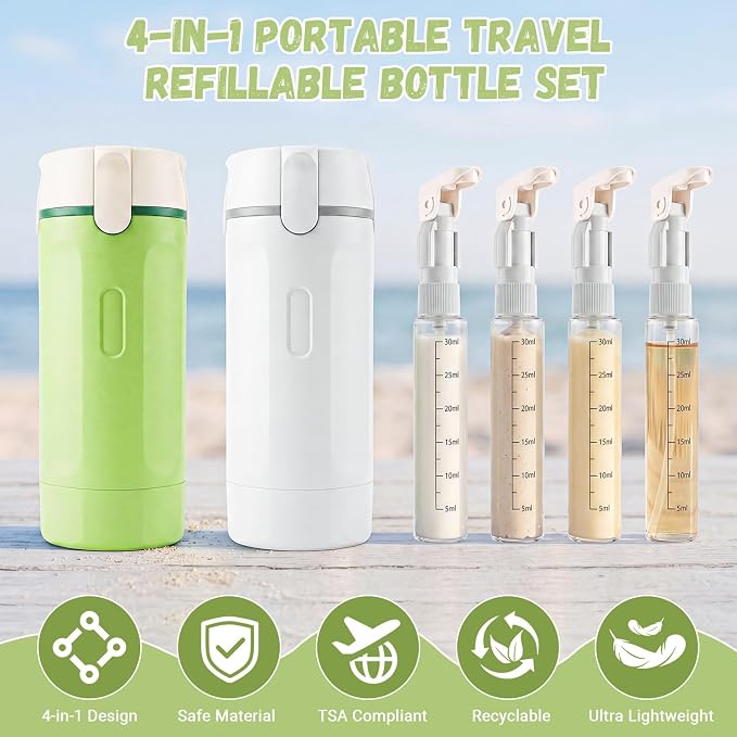 4 in 1 Travel Dispenser Bottle, Leakproof TSA Approved Containers | 2 pack refillable soap lotion pump for toiletries, shampoo & conditioner, portable compact size liquid accessories - Image 2