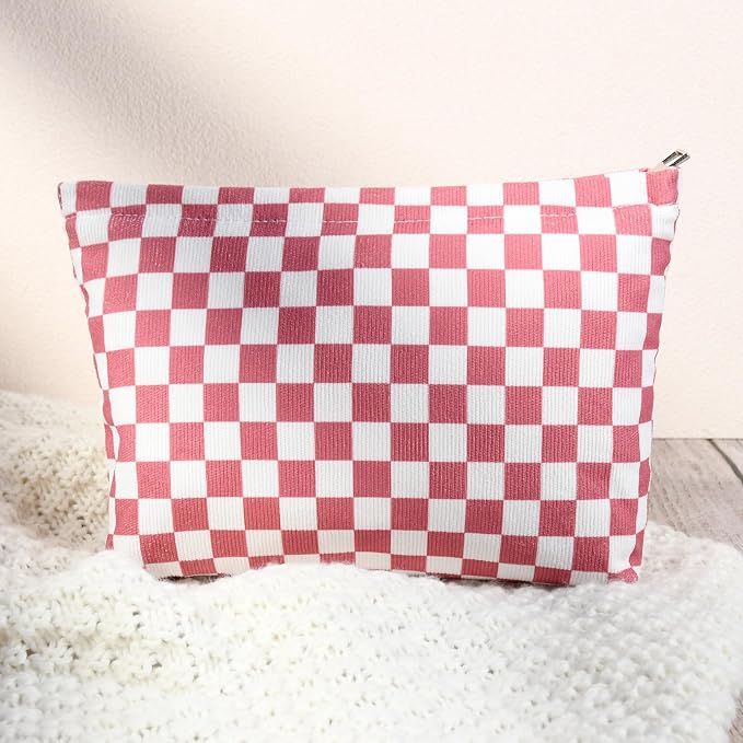 SOIDRAM 2 Pcs Checkered Makeup Bag Large Cosmetic Bag Toiletry Bag Makeup Pouch Travel Bag Organizer Cute Makeup Brushes Aesthetic Accessories Storage Bag for Women Peach Pink - Image 5