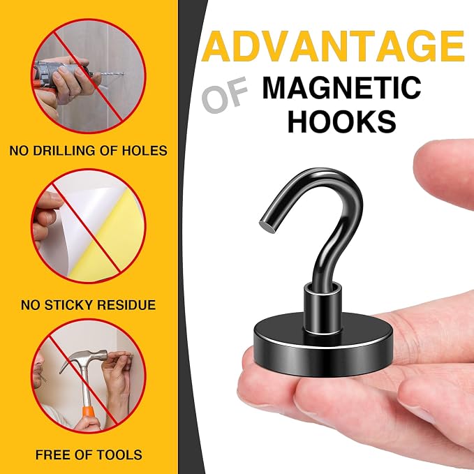 DIYMAG Magnetic Hooks,120lbs 10pcs Cruise Cabin Essentials Heavy Duty Black | Strong Neodymium Rare Earth Magnets, for Kitchen, Classroom, Beach, Cruise Cabins, Refrigerator, Hanging Key Clothes Wall Hat - Image 7