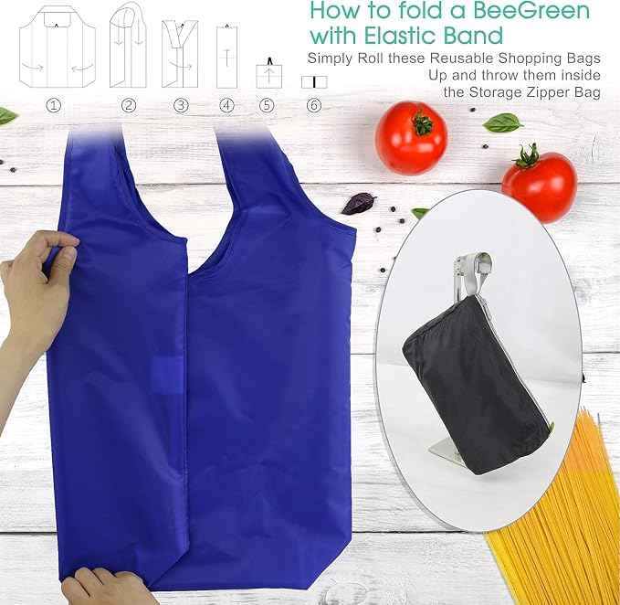 BeeGreen 20 Pack Reusable Grocery Bags w Storage Pouch Reusable Shopping Bags Bulk w Elastic Band Colorful 50LBS X-Large Foldable Fabric Bags Machine Washable Heavy Duty Tote Bags for Groceries - Image 6