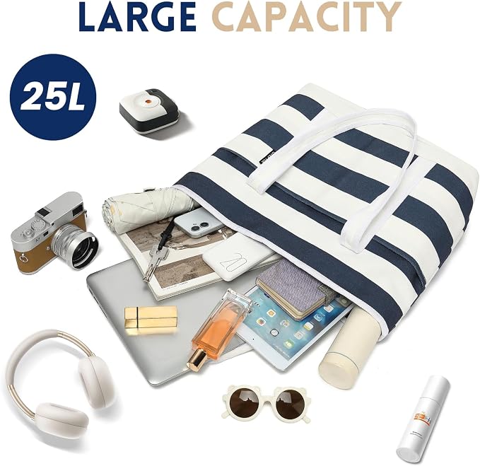 Large Canvas Tote Bag for Women, Beach Bag with Zipper, Utility Tote Bag with 3 Front Pockets, Weekender Pool Bag - Image 3