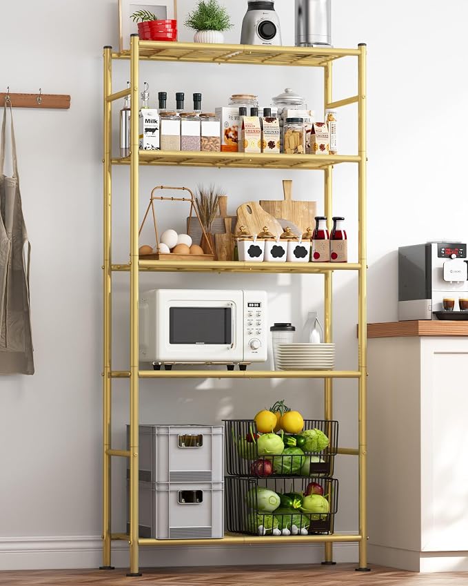 Sakugi Storage Shelves - 5 Tier Shelf Organizer, Heavy Duty Garage Shelving Unit with Leveling Feet, Stable Metal Shelves Organizer for Pantry, Kitchen and Closet, 33.0" W x 12.6" D x 72.0" H, Gold - Image 2