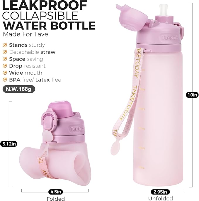 TakeToday Collapsible Water Bottles 21oz (600mL), Foldable Platinum Silicone Travel Water Bottle with Straw & Carry Strap, Leak-Resistant Screw Lid, Wide Mouth, BPA-Free for Hiking, Camping, Travel - Image 2