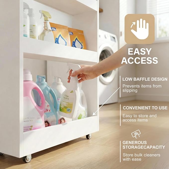 TEAMIX Wood 4-Tier Slim Rolling Storage Cart, 7.9"W, 24.8"D, 36.7"H, White | Height Adjustable, 360°Swivel Wheels, Deeper & Taller, Use as Narrow Kitchen Cart, Laundry Organizer Between Washer & Dryer - Image 6