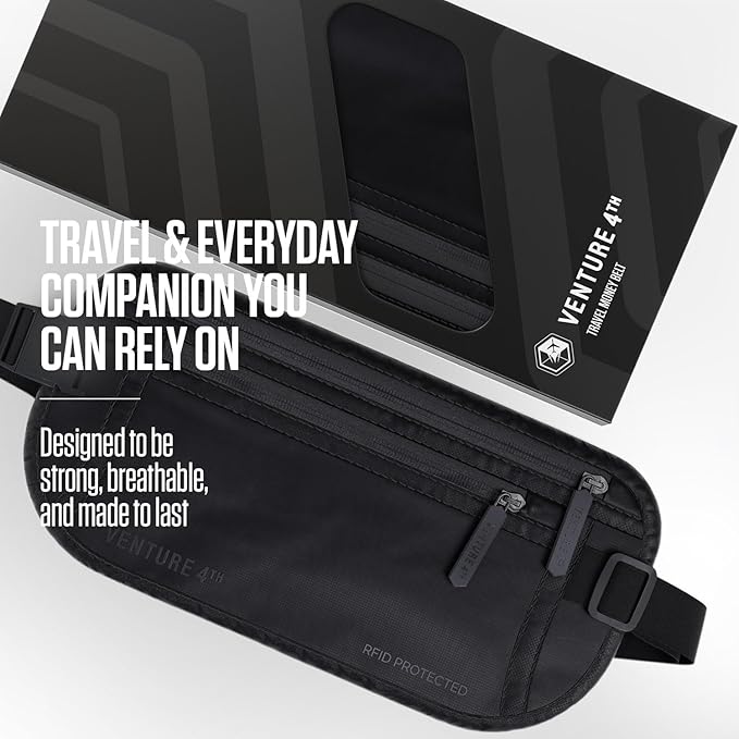 VENTURE 4TH Travel Money Belt, RFID Blocking Passport Holder - Sleek Black - Image 4