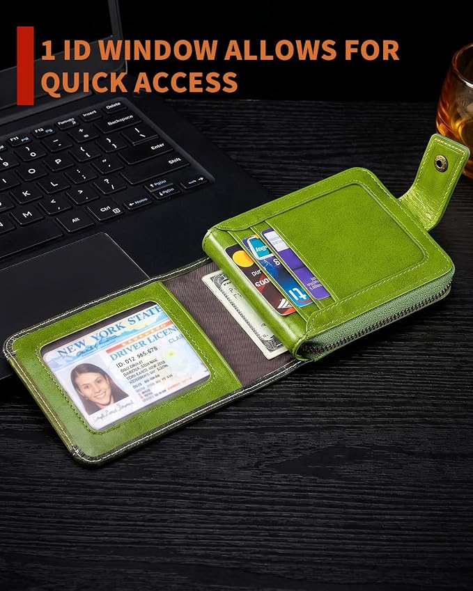 Men's Leather RFID Wallet with Zipper, 14 Card Slots, ID Window | Zippered coin pocket separates loose change; organized for commuting and everyday carry (Green) - Image 4