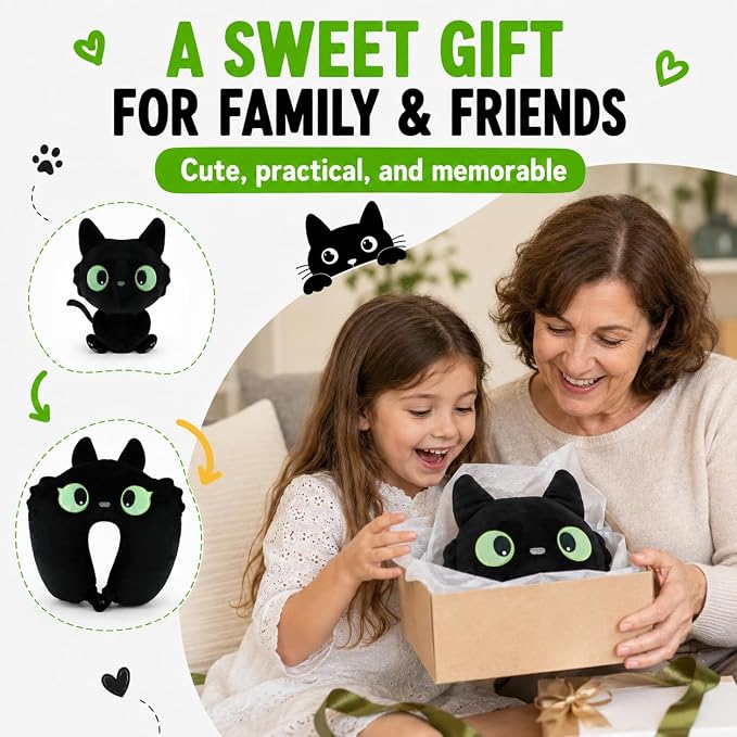 2-in-1 Travel Pillow for Kids & Adults Car Neck Pillow Memory Cotton U-Shaped Neck Pillow Soft Head Support Travel Accessories for Airplane Car Train Bus Airplane Pillow (cat) - Image 9
