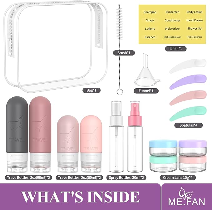 ME.FAN 18 Pack Travel Bottles for Toiletries, TSA Approved, Pink | Travel Size Containers Set, Silicone Squeezable Portable Split Bottle, Travel Accessories for Conditioner, Shampoo, Lotion - Image 2