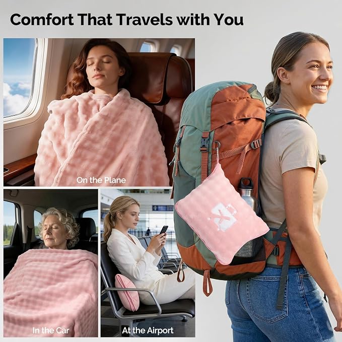 Pink Travel Blanket for Airplane, Portable Soft Flannel with Pouch & Clip | Skin-Friendly Flannel, Lightweight Portable Design with Clip, Hands-Free Carry, Essential Travel Gear for Frequent Flyers - Image 6
