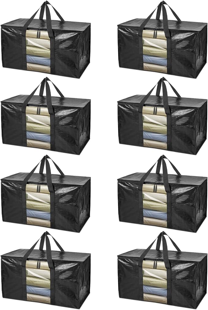 BALEINE 8-Pack Oversized Moving Bags with Reinforced Handles, Heavy-Duty Storage Tote Moving Supplies for Packaging, Camping (Black w/Window, 8-Pack) by BALEINE